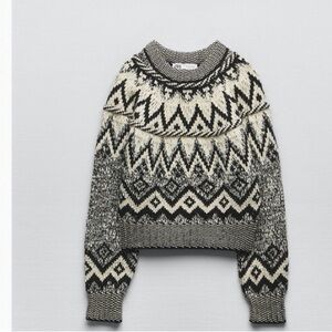 Zara Fair Isle Knit Sweater Black Cream Nordic Print Cozy Chunky